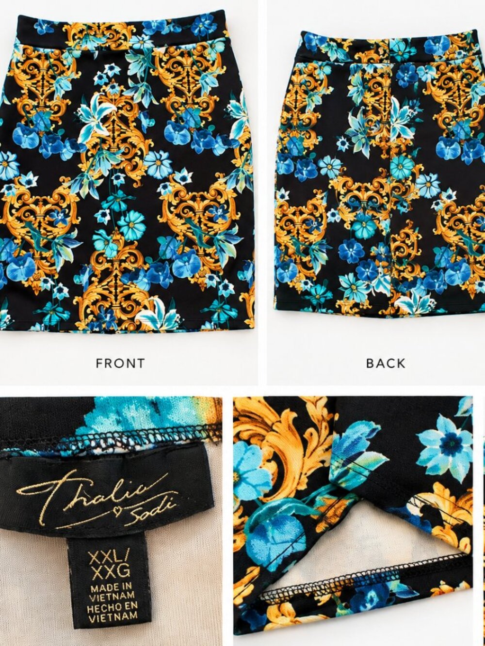 Thalia Sodi Women’s XXL Floral Baroque Print Skirt Black Blue Gold Stretch